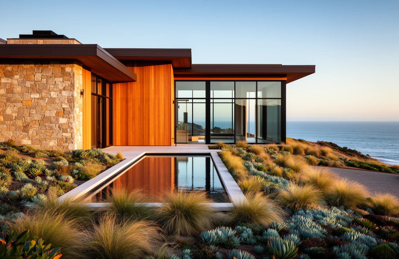 A stone and timber coastal home with a reflecting pool and native planting above the sea.