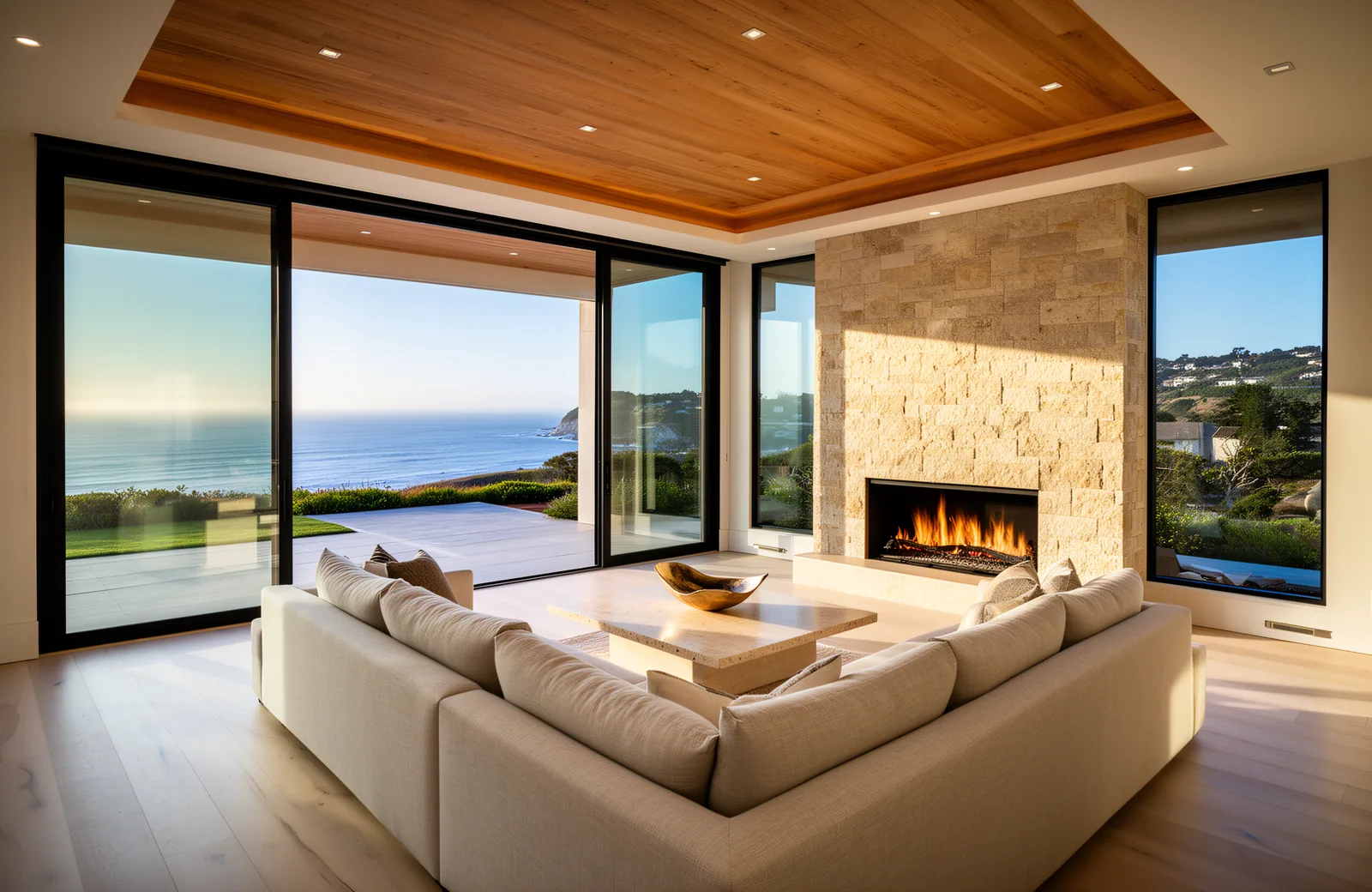 A bright living room with a stone fireplace and floor-to-ceiling windows onto the ocean.